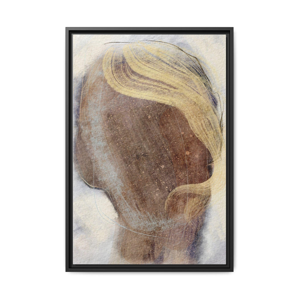 Abstract art print with brown, yellow, and blue colors in a black frame on a white background