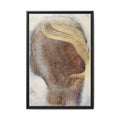 Abstract art print with brown, yellow, and blue colors in a black frame on a white background