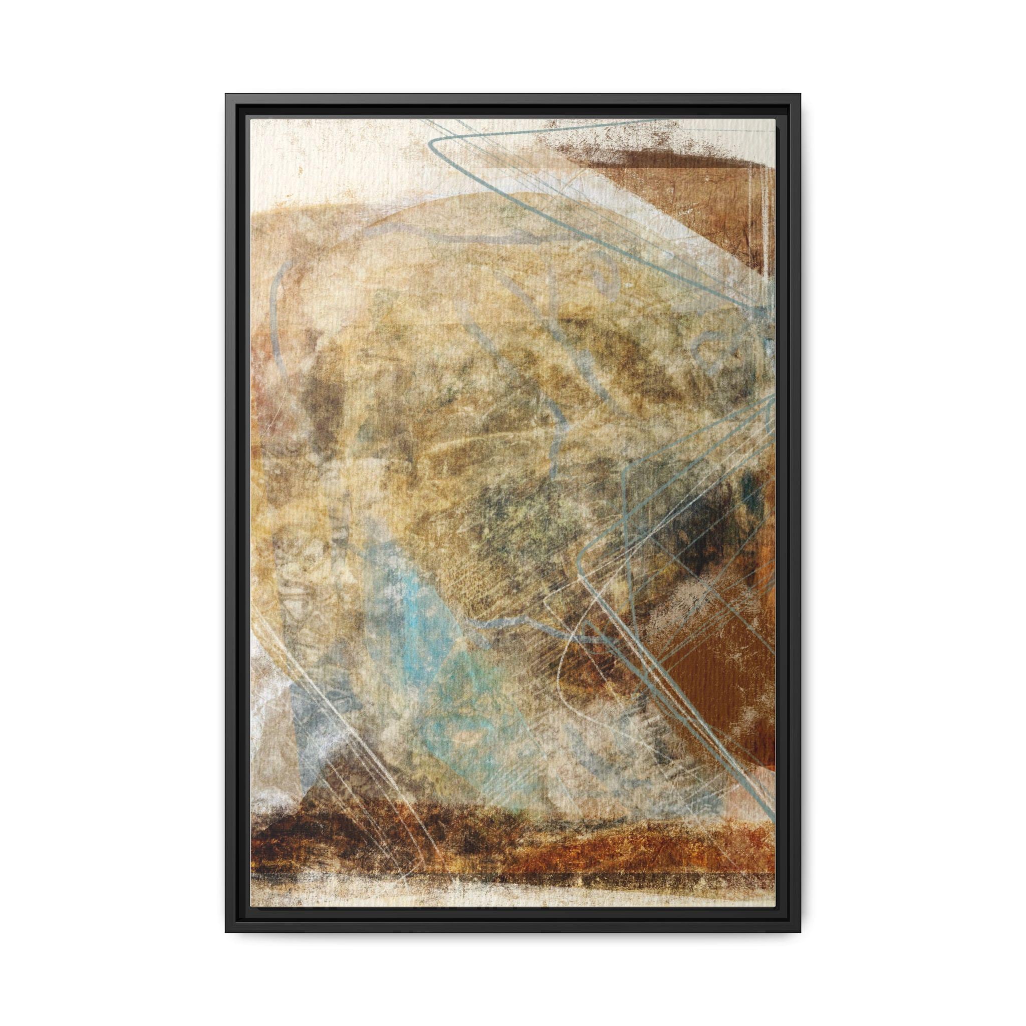 Abstract art print with earthy tones and a black frame on a white background