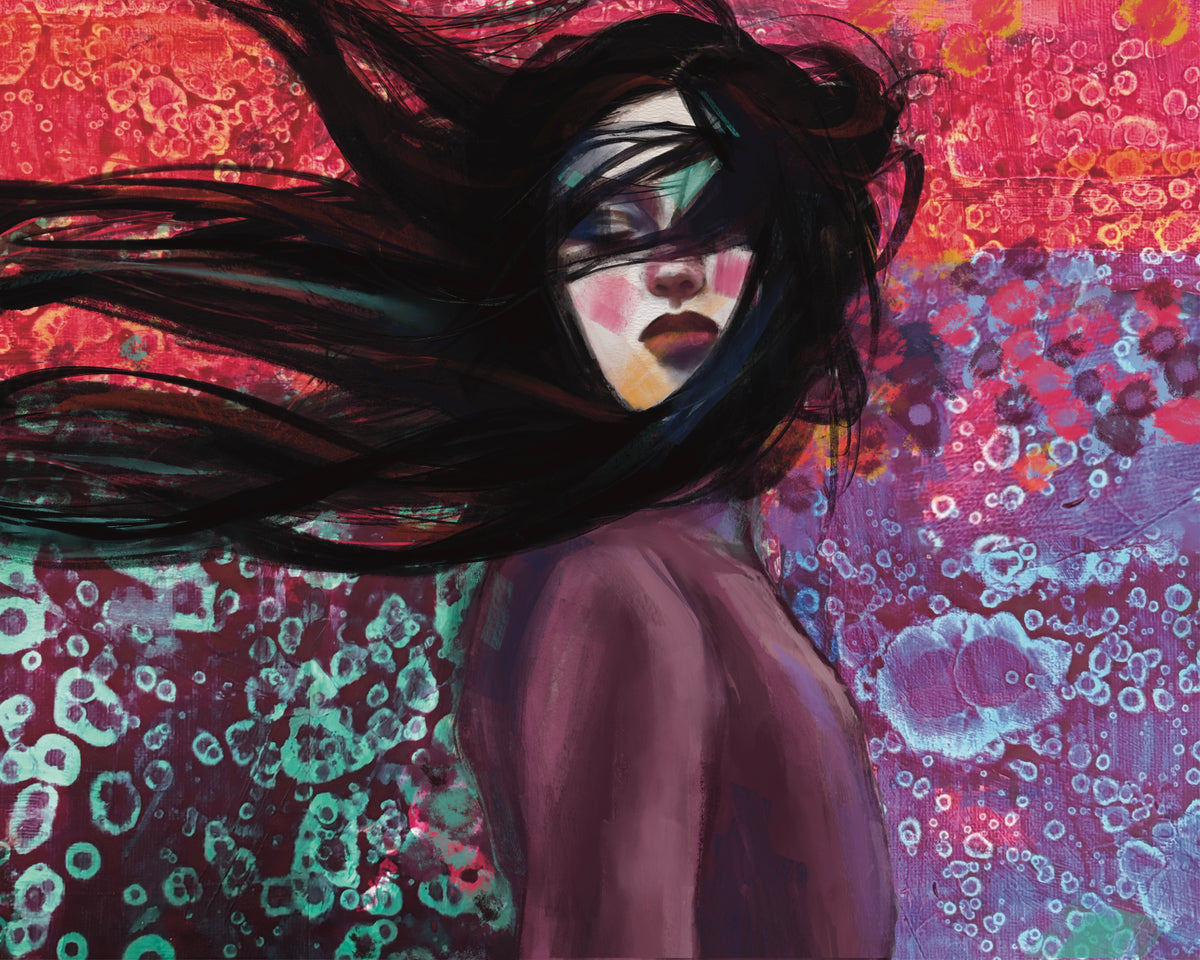 Bubbling to the Surface — ethereal modern portrait giclée art print in crimson, violet and teal by SpektralMuse