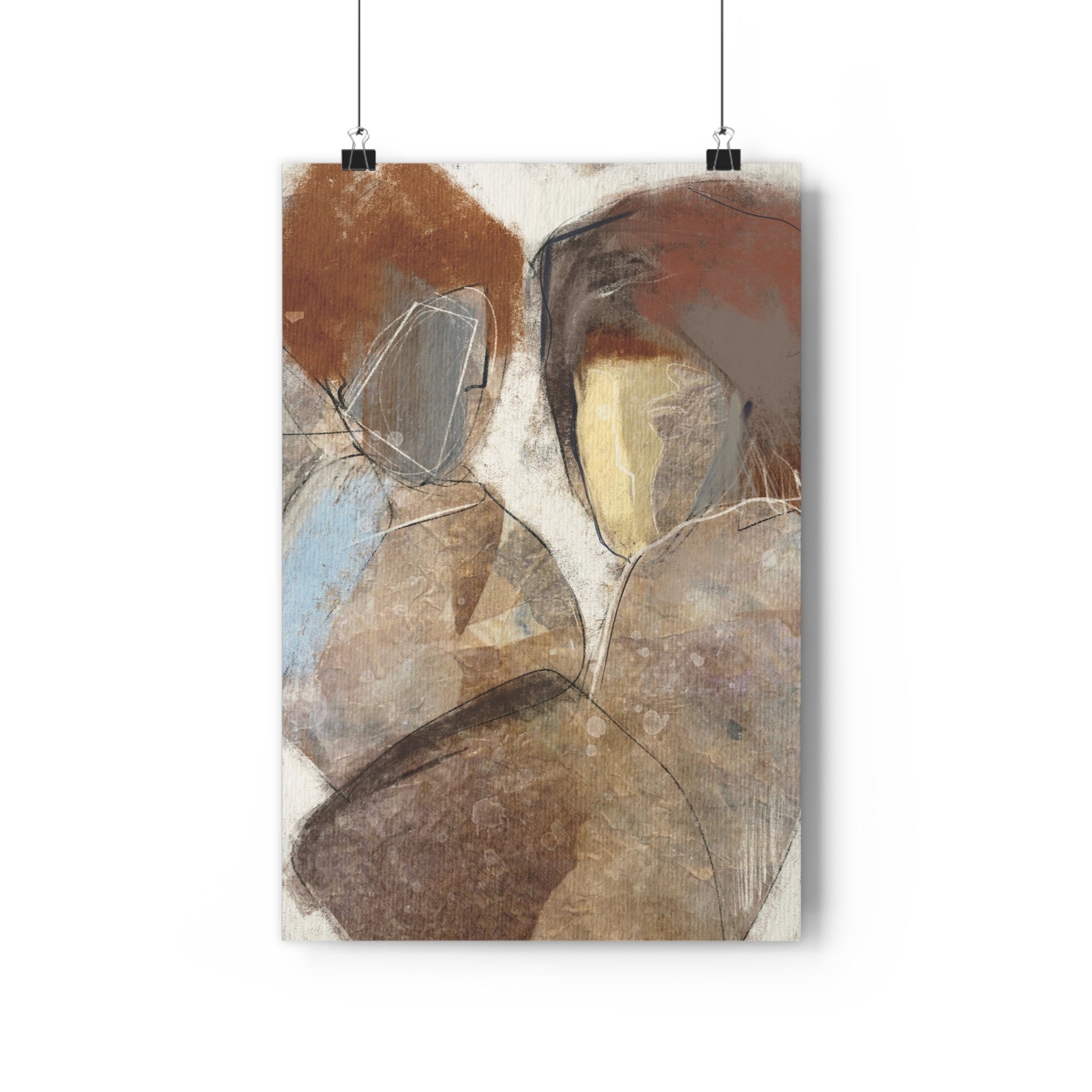 Modern abstract figurative artwork depicting two figures in conversation, rendered in textured earth tones, warm browns, ochre, gray, and pale blue.