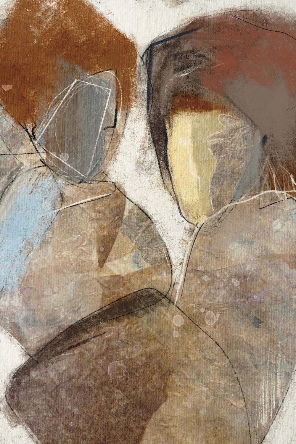 Close up of "Conversation" Abstract art piece with brown, beige, and gray tones 