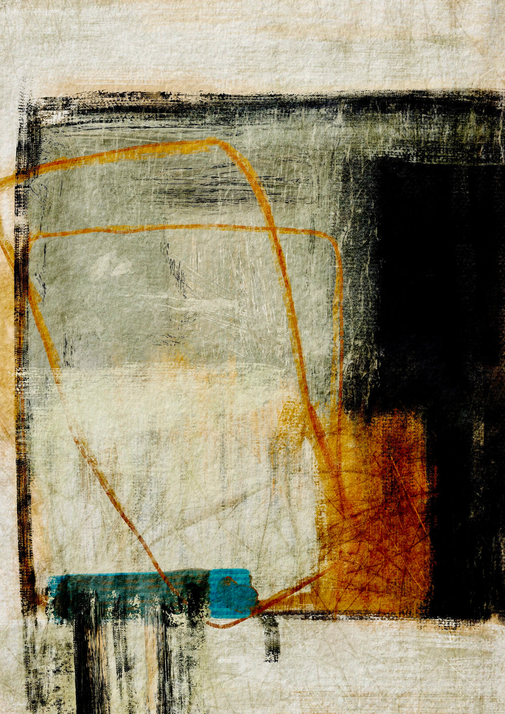 Abstract art piece with geometric shapes and contrasting colors on a textured background