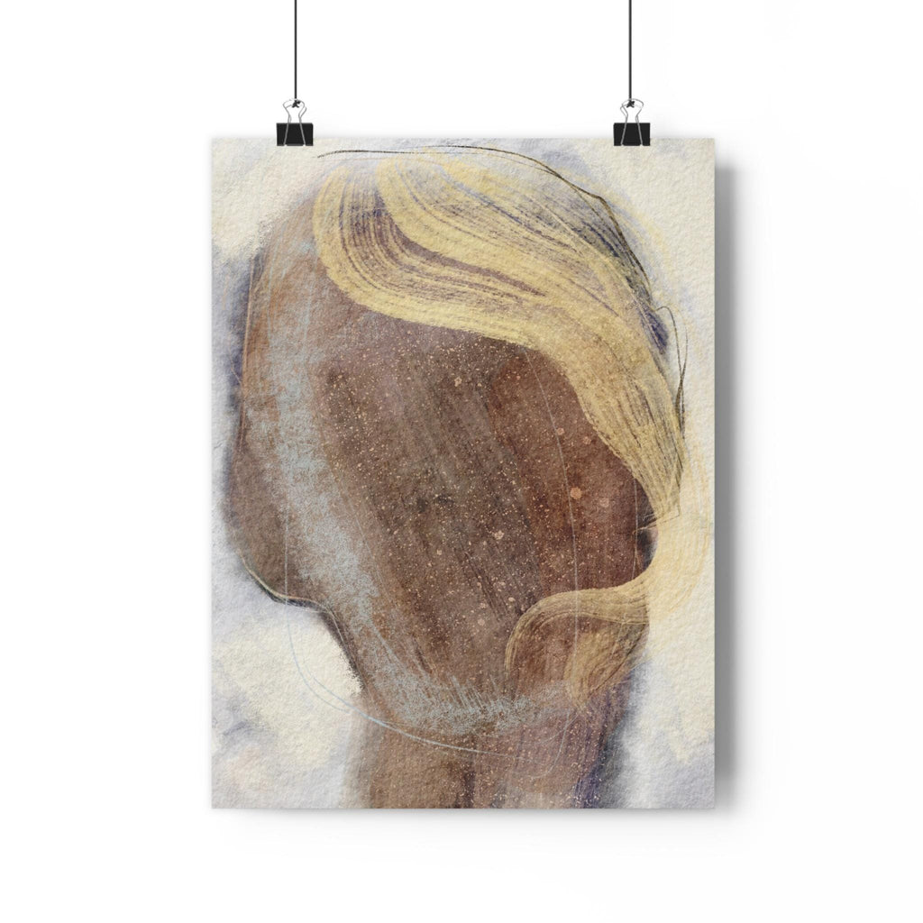Abstract art print of a stylized face with a yellow hair on a light background
