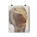 Abstract art print of a stylized face with a yellow hair on a light background