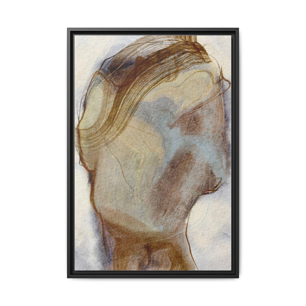 Framed abstract art print with brown and blue tones on a white background