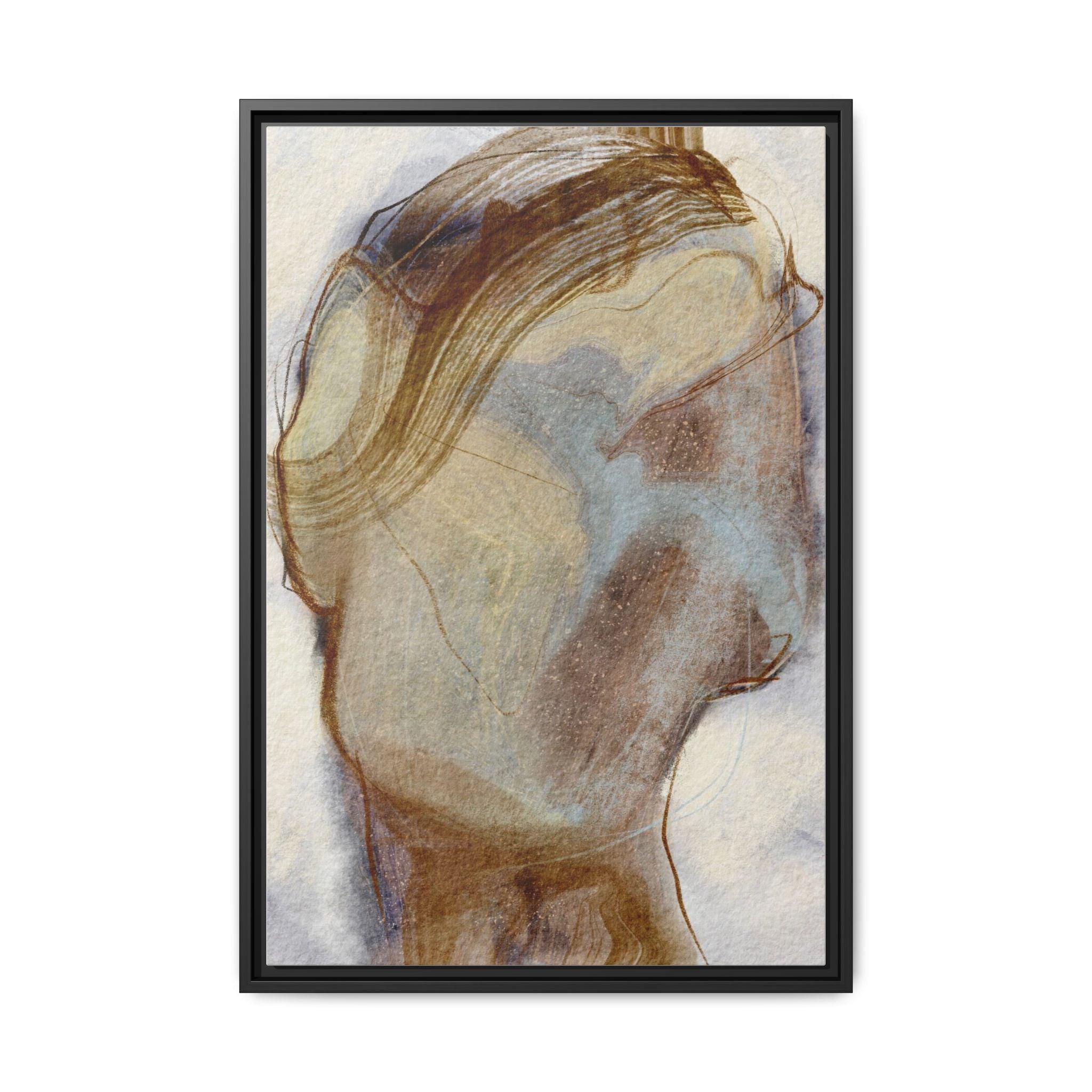 Framed abstract art print with brown and blue tones on a white background