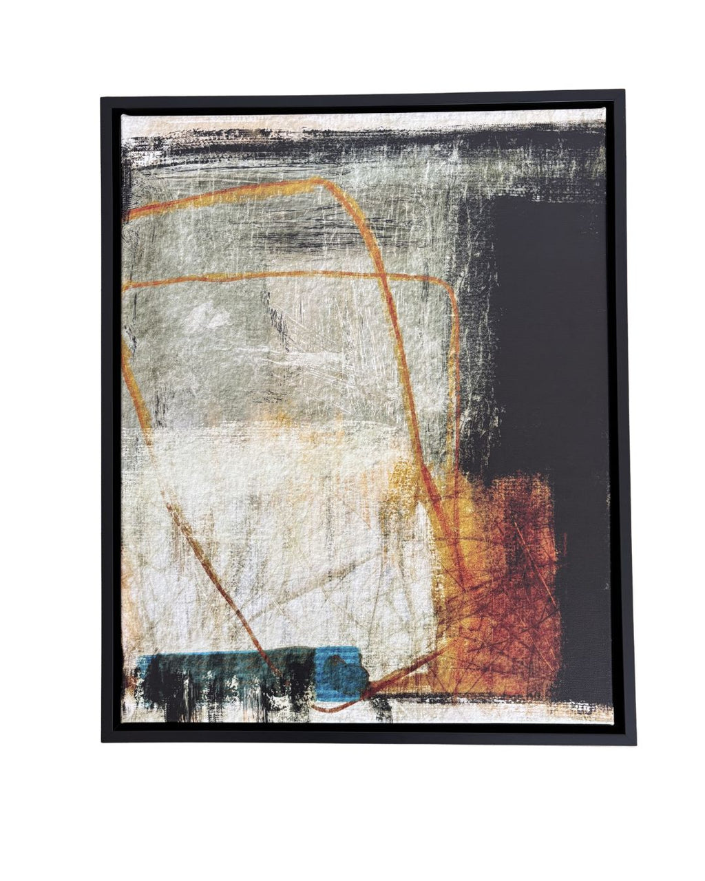 Abstract art piece with geometric shapes in a black frame on a white background