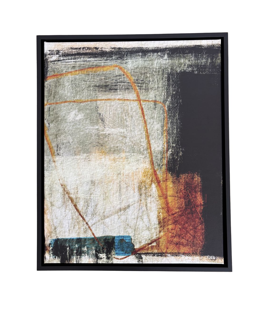 Abstract art piece with geometric shapes in a black frame on a white background