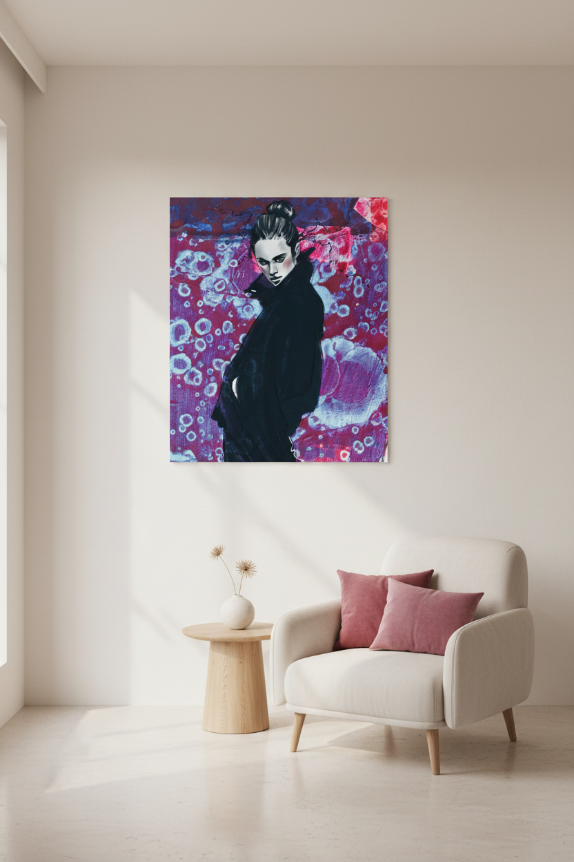 Fierce — unframed giclée art print on wall with magenta accent pillows by SpektralMuse