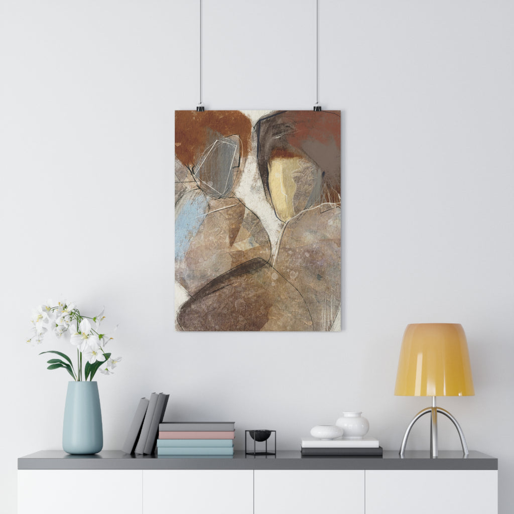 Abstract painting hanging on a white wall above a shelf with decor items.